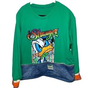 Kuhan KU Dsgn Jersey Sweater Sz L Green Stranger Mean Duck Money Graphic Denim